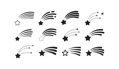 Collection of shooting star icons with various trails and sparkles for design projects. © Joynab