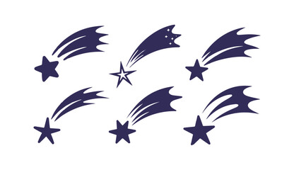 Set of dark blue shooting star icons with sharp tails for modern celestial graphic design. © Joynab