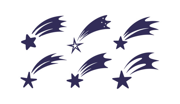 Set of dark blue shooting star icons with sharp tails for modern celestial graphic design.