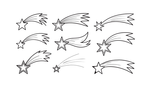 Set of hand drawn comet icons with doodle stars and celestial tails on transparent grid.