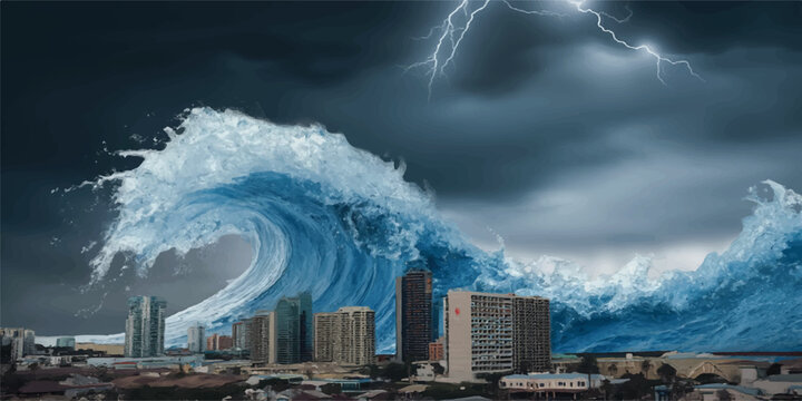 Giant tsunami wave devastating city skyline under stormy sky with lightning destruction disaster lightning buildings architecture downtown