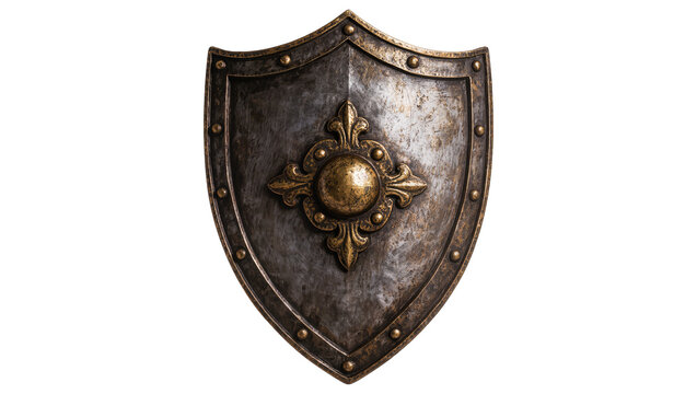 Ornate medieval metal shield with golden sunburst emblem, isolated on transparent background