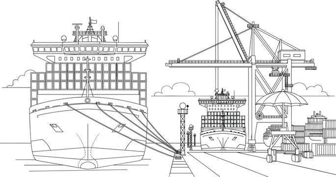 International Cargo Shipping Port Logistics And Container Transportation Line Art Vector Illustration Scene Design
