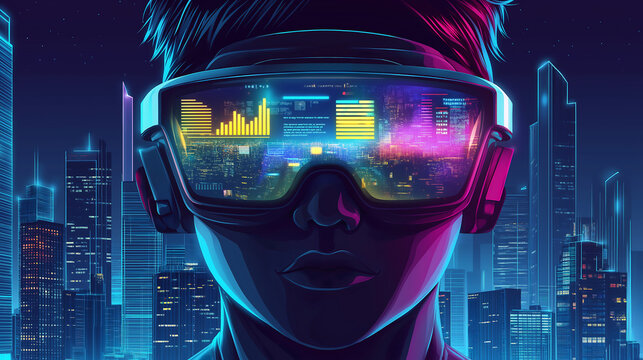     Futuristic Portrait with Smart Visor and Digital City Reflection in Neon Light