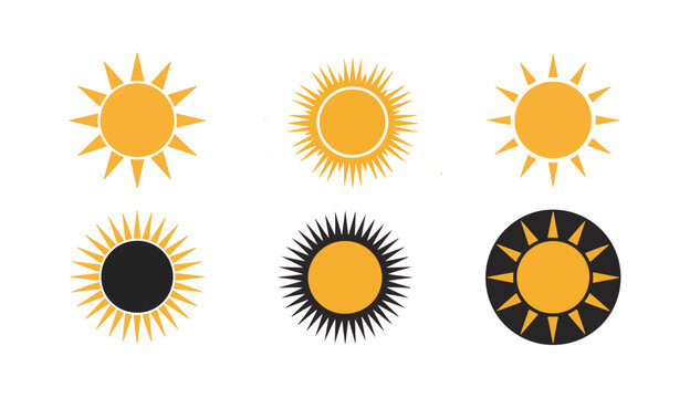 Collection of golden sun symbols with different rays and styles for summertime designs.