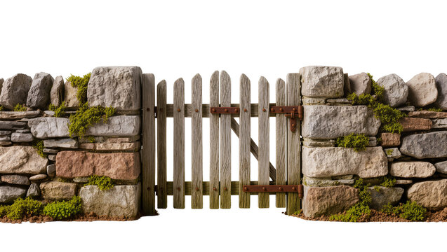 Rustic wooden picket gate with rusty hinges set in a dry stone wall, isolated on transparent background