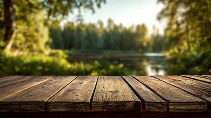 Awesome photo of empty rustic wooden table with blurred background of a forest and lake at sunset. © Khadiza F