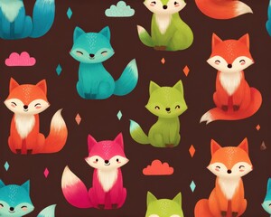 Fototapeta premium Adorable Kawaii Style Foxes in Various Vibrant Colors Scattered with Cute Clouds and Gems on a Dark Brown Background