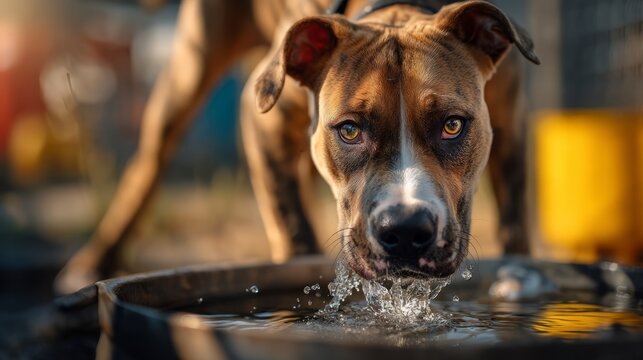 Dog Drinking Water from Open Basin in Sunny Yard