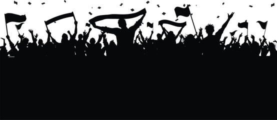 Cheering soccer crowd silhouette waving banners and flags during match event background with confetti for sport victory celebration posters and digital marketing campaign assets. © ymnd
