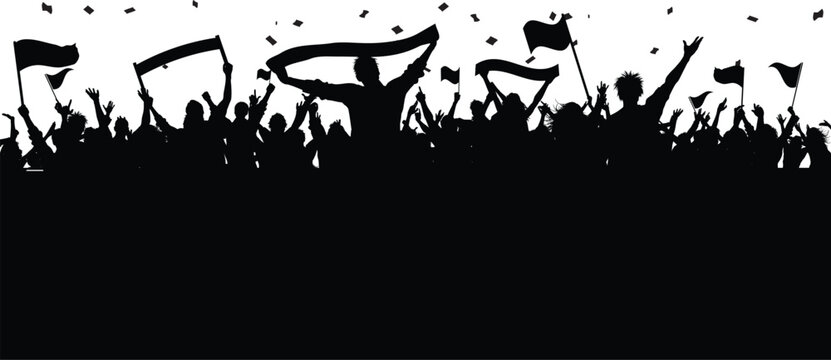 Cheering soccer crowd silhouette waving banners and flags during match event background with confetti for sport victory celebration posters and digital marketing campaign assets.