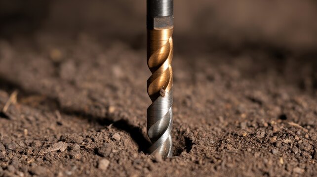Industrial two-tone drill bit actively boring into dry brown soil.