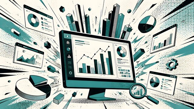 Retro Halftone Illustration of Bar Charts, Pie Graphs, and Analytics Dashboards Exploding from Central Screen &ndash; Vintage Business Intelligence Concept on White Background