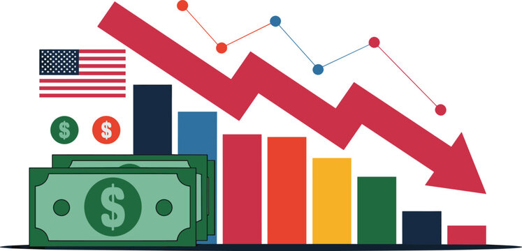 Flat USA financial decline vector with falling graph dollar money and economic recession concept isolated on white background