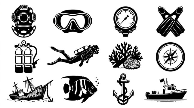 Collection of vintage diving equipment and marine life icons.