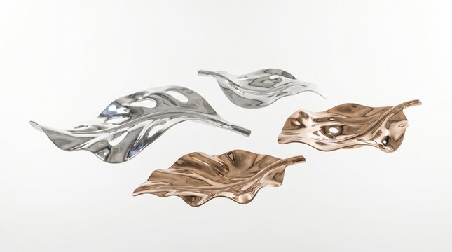 Set of metallic leaf-inspired abstract forms with smooth reflective surfaces, elegant contours, separated composition, isolated on pure white background