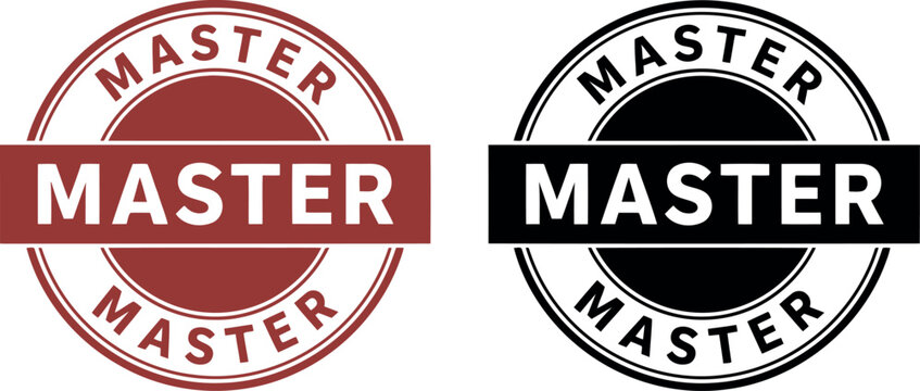 Master badge stamp set in red and black, vintage round label design for certification and branding