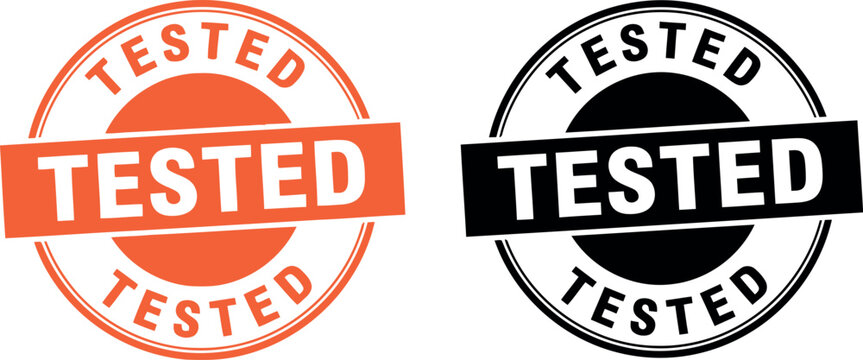 Tested stamp badge icons set in orange and black for quality assurance and product certification