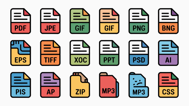 collection of colorful file format icons with document shapes and file extension labels