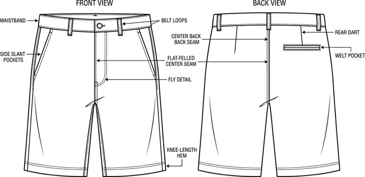 Men Casual Shorts Technical Fashion Sketch Vector Template with Front and Back Views for Apparel Manufacturing and Clothing Tech Pack Designs