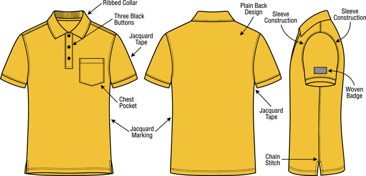 Yellow Polo Shirt Technical Fashion Sketch Vector Template with Front Back and Side Views for Apparel Manufacturing and Clothing Tech Pack Designs
