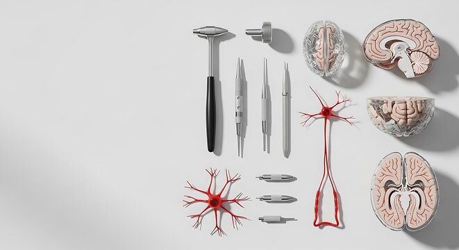 Medical equipment and anatomical models displaying a coronal section brain for neuroscience research and clinical diagnostic study on a clean white background