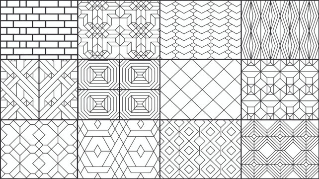 Geometric pattern collection black and white line art with varied abstract shapes