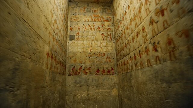 Mastaba of Ti at Saqqara, Egypt, with faded painted red relief scenes of daily life, false door stele and carved hieroglyphic registers on limestone walls.