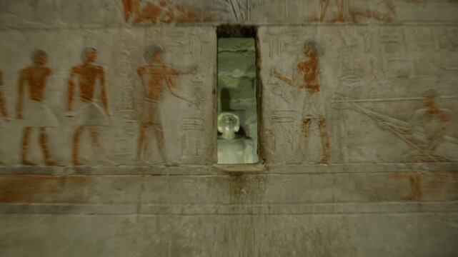 Mastaba of Ti at Saqqara, Egypt, with faded painted red relief scenes of daily life, false door stele and carved hieroglyphic registers on limestone walls.