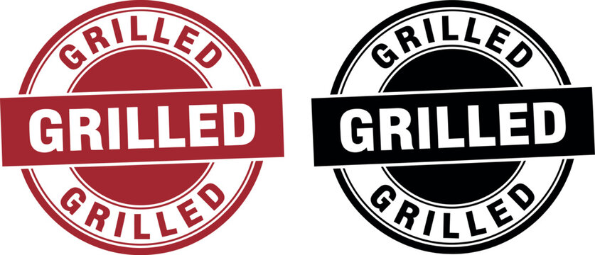 Grilled Stamp Badge Vector Set in Red and Black for Restaurant and BBQ Branding