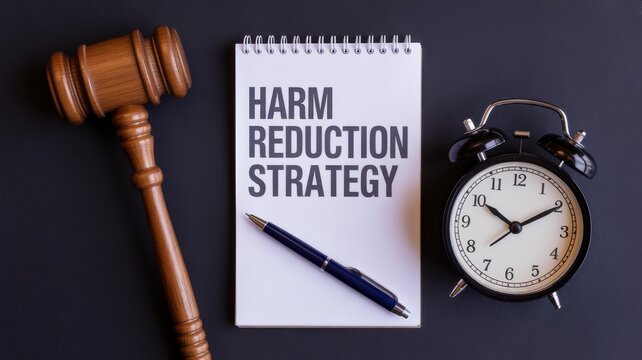 Harm Reduction Strategy text on a notebook with a judge's gavel, pen, and alarm clock on a dark background.