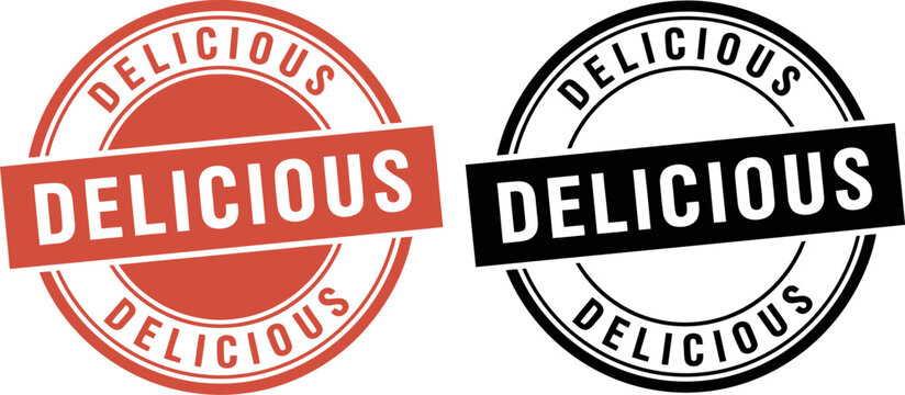 Delicious stamp badge vector set in red and black for food labels, restaurant branding, and packaging design