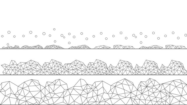 geometric mountain range pattern with scattered circles black and white line drawing on white background