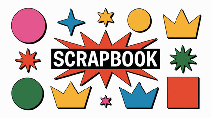 Fototapeta premium Colorful scrapbook elements and shapes arranged on a white background including crowns and stars