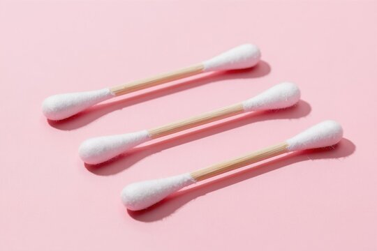 Three cotton swabs with bamboo sticks arranged diagonally on a pink background. Gentle beauty tools for makeup correction and skincare application.