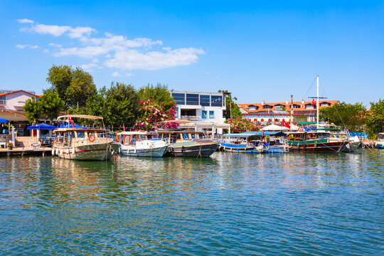 Boats at Dalyan river in Dalyan town, Turkey