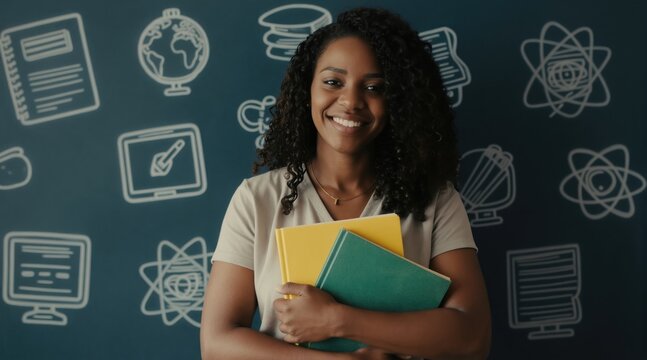 Smiling Black woman holds books, stands by blackboard with school drawings. She looks like a teacher or student ready for class at university or college.