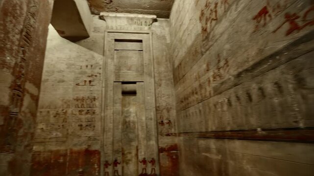 Mastaba of Ti at Saqqara, Egypt, with faded painted red relief scenes of daily life, false door stele and carved hieroglyphic registers on limestone walls.