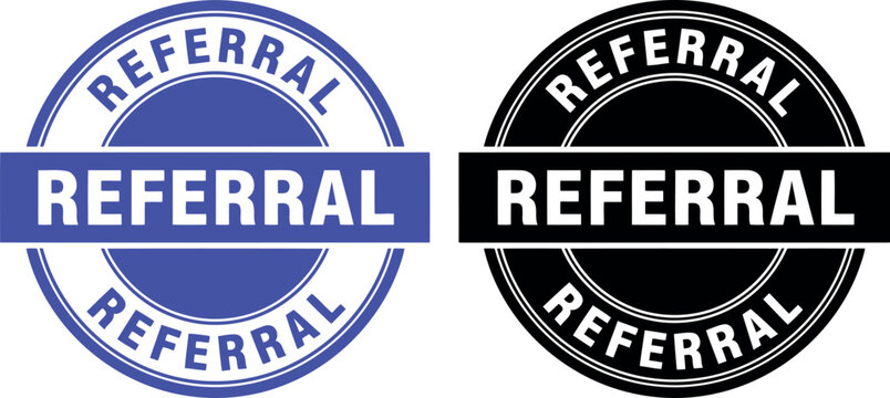 Referral badge icons set in blue and black for business marketing, loyalty programs, and customer rewards