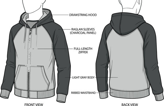Men Contrast Raglan Sleeve Zip Up Hoodie Technical Fashion Sketch Vector Template with Front and Back Views for Streetwear Brands and Apparel Tech Pack Designs