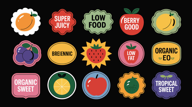 Collection of colorful fruit and food label badges with text on a black background