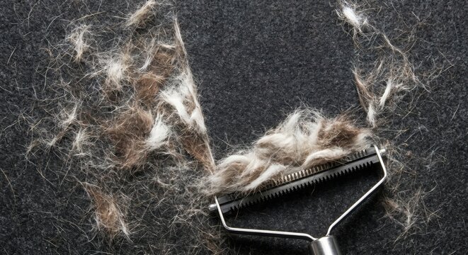 Pet fur removal tool cleaning hair from dark carpet