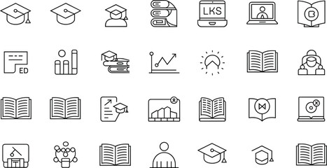 Fototapeta premium Minimal education outline icon vector collection with online learning and academic symbols isolated on white background