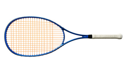 Blue tennis racket with orange strings and white grip, isolated on transparent background © Adrian