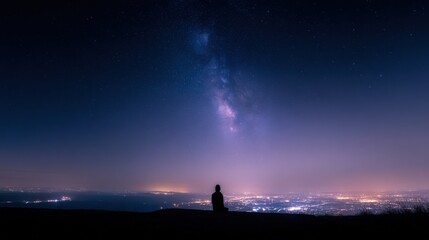 Fototapeta premium Silhouette of a lone person gazing at the vast, star-filled Milky Way galaxy above a glowing cityscape