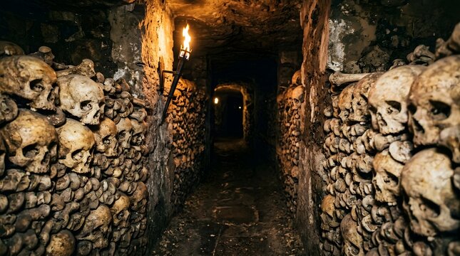 Creepy dungeon hallway lined with ancient skulls and bones