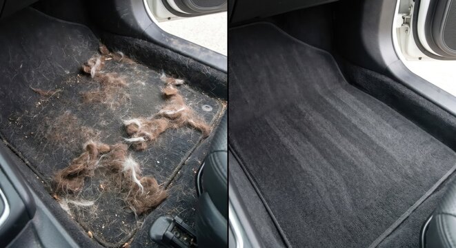 Professional car pet hair removal before and after detailing