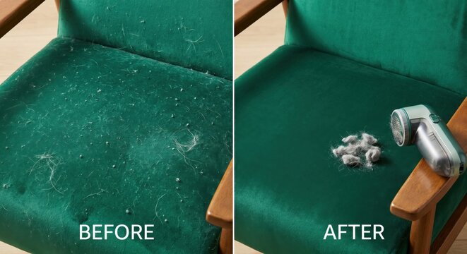 Before and after lint removal on emerald green velvet chair