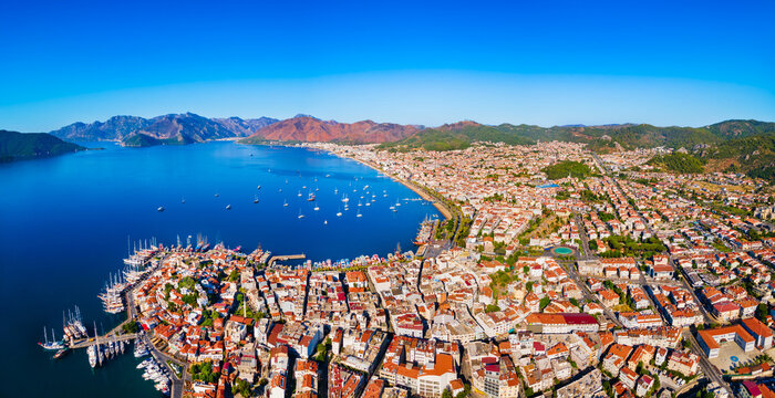 Marmaris beach aerial panoramic view in Mugla Province in Turkey