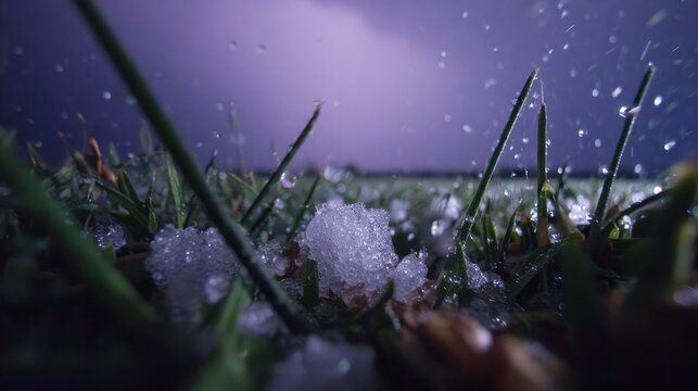 Severe hailstorm pelting ripening crops in a field with dramatic sky overhead